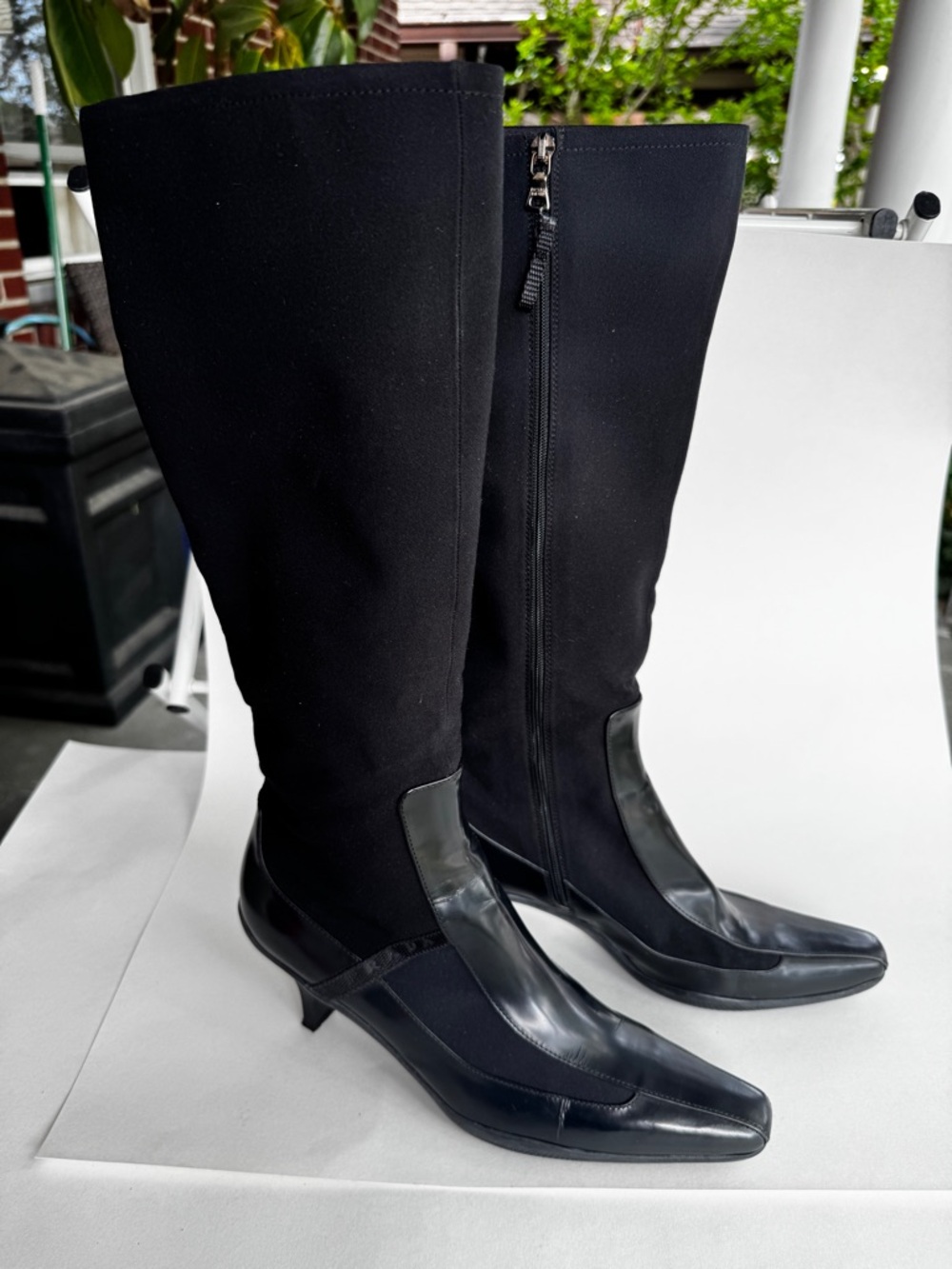 Prada Black Stretch Patent Leather Knee High Kitten Boot Logo Elastic EU 40